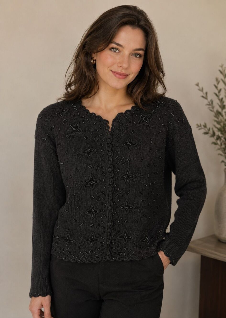 Vintage Heirloom Collectibles black beaded cardigan sweater Size M